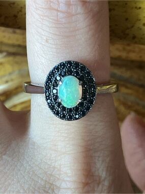 Natural Ethiopian Opal Black Spinel Sterling Silver Ring Size 8.75